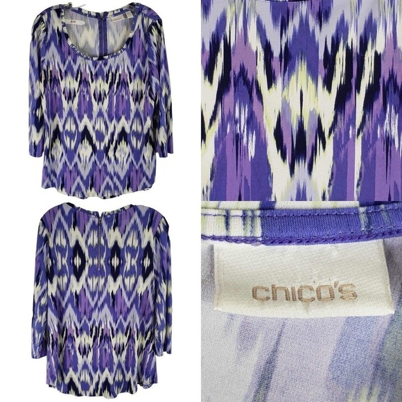 Chicos Tunic Shirt Women’s Size 1 US Medium M Purple Geometric Ikat Zip Back - Picture 1 of 10